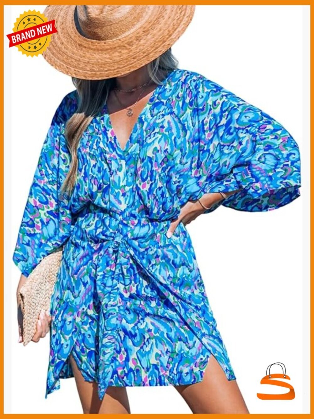 Mini Kimono Sleeve Dress Surplice V-Neck Loose Fit Beach Cover Up